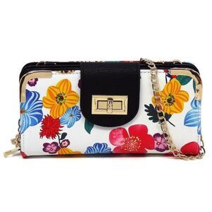 Women's Flower Turn Lock Crossbody Wallet Handbag With Detachable Chain Strap